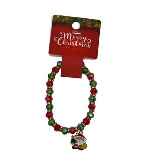 Christmas Santa Charm Beaded Stretch Bracelet Red Green Holiday‎ Jewelry